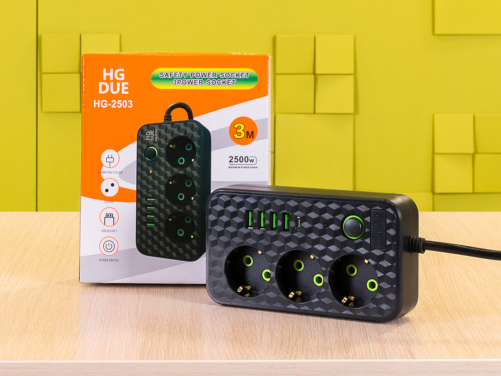 Сетевой удлинитель с USB HG-2503 Пластик Чёрный УД3-050424